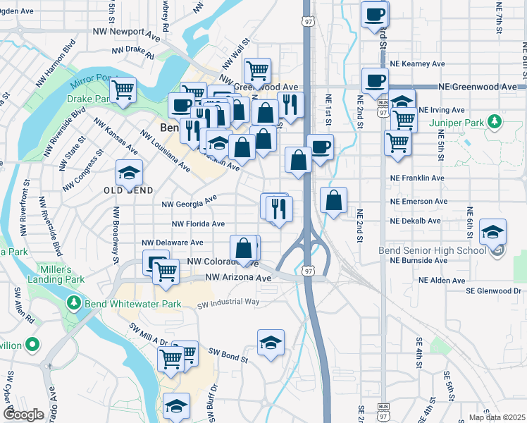 map of restaurants, bars, coffee shops, grocery stores, and more near 414 Northwest Harriman Street in Bend