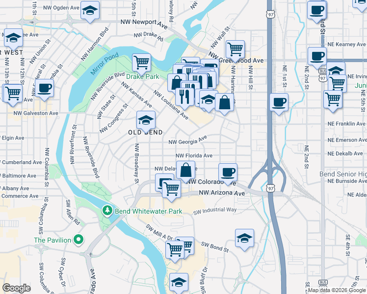map of restaurants, bars, coffee shops, grocery stores, and more near 408 Northwest Georgia Avenue in Bend