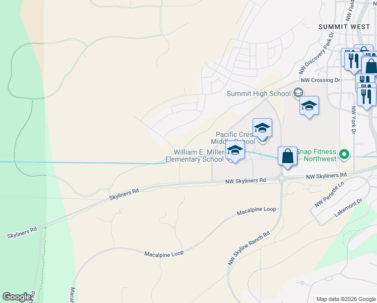map of restaurants, bars, coffee shops, grocery stores, and more near NW Crosby Dr in Bend