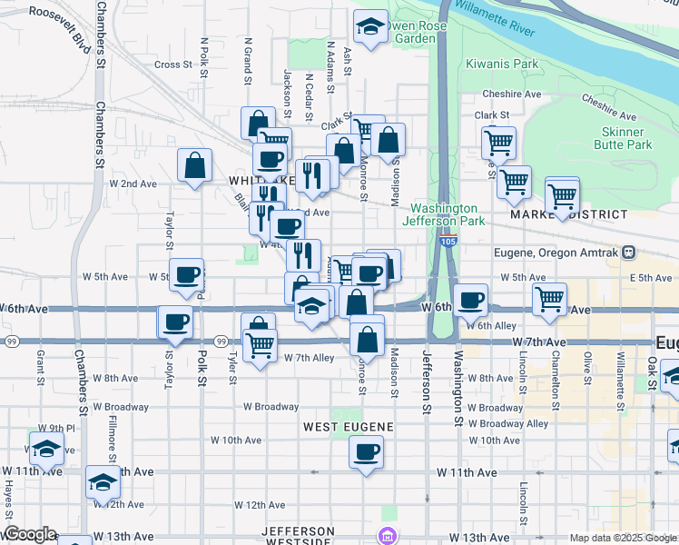 map of restaurants, bars, coffee shops, grocery stores, and more near 442 Adams Street in Eugene