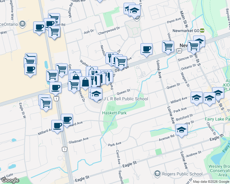 map of restaurants, bars, coffee shops, grocery stores, and more near 61 Parkside Drive in Newmarket