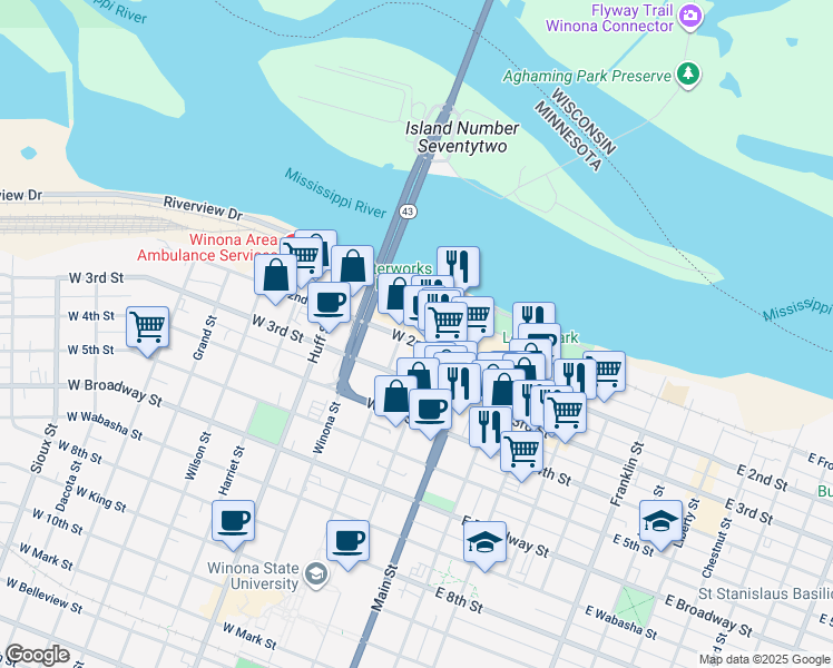map of restaurants, bars, coffee shops, grocery stores, and more near 10 Washington Street in Winona