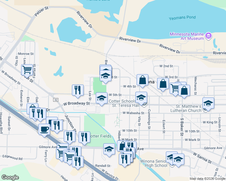 map of restaurants, bars, coffee shops, grocery stores, and more near 903 Gilmore Avenue in Winona