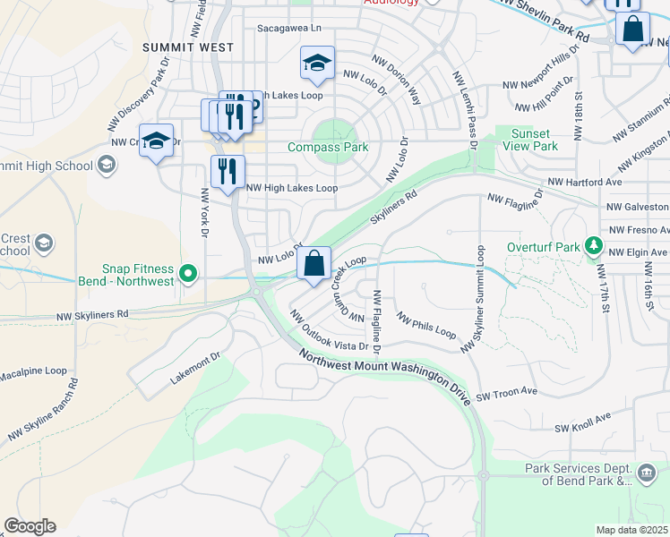 map of restaurants, bars, coffee shops, grocery stores, and more near 2385 Northwest Quinn Creek Loop in Bend