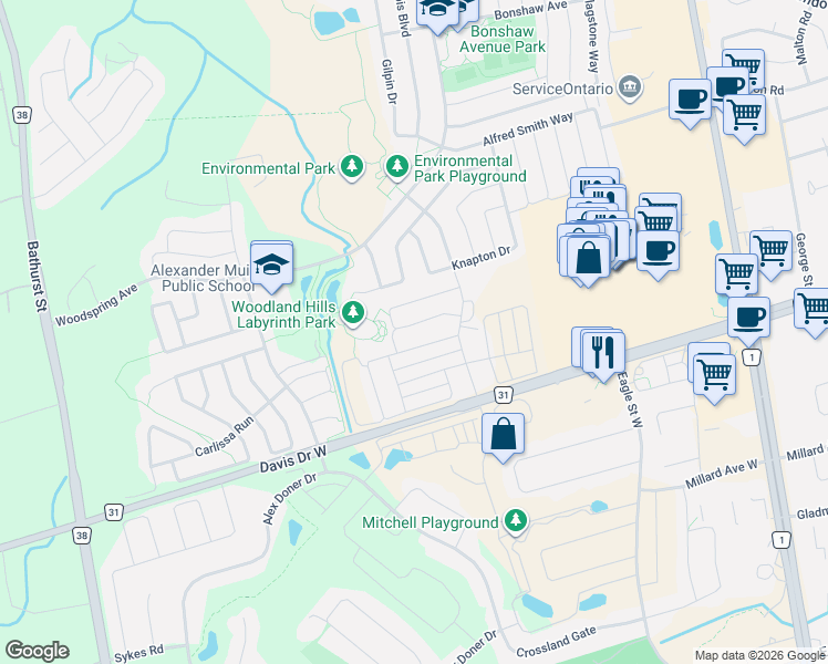 map of restaurants, bars, coffee shops, grocery stores, and more near 160 Tango Crescent in Newmarket