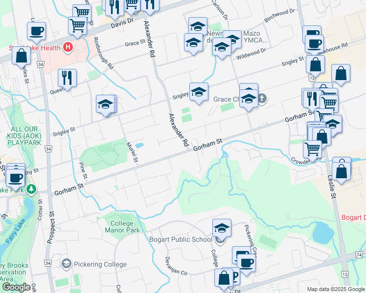 map of restaurants, bars, coffee shops, grocery stores, and more near 210 Alexander Road in Newmarket