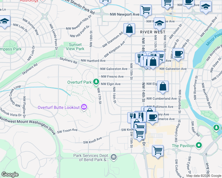 map of restaurants, bars, coffee shops, grocery stores, and more near 1620 Northwest Davenport Avenue in Bend