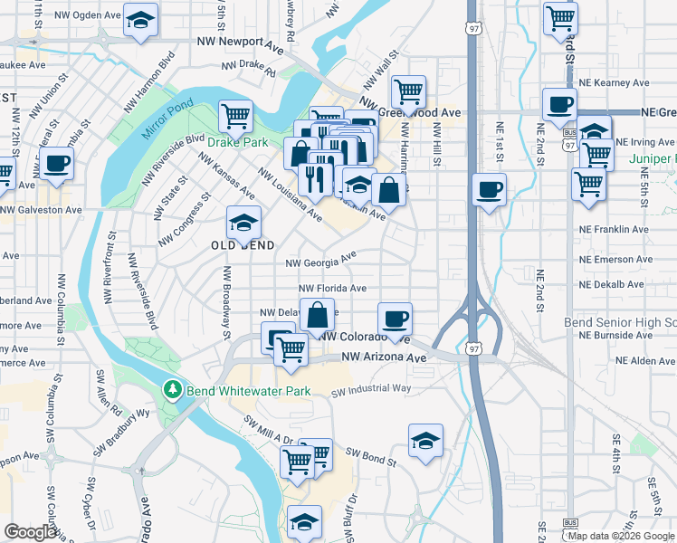 map of restaurants, bars, coffee shops, grocery stores, and more near 419 Northwest Georgia Avenue in Bend