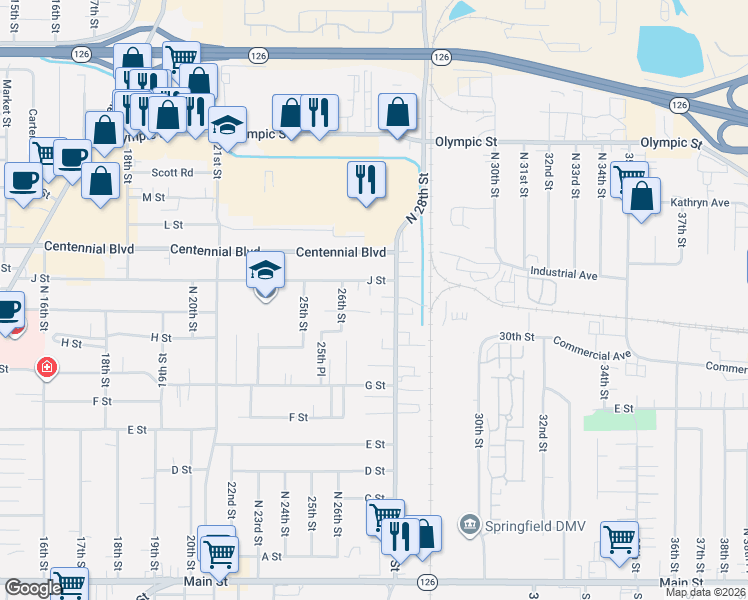 map of restaurants, bars, coffee shops, grocery stores, and more near 2649 J Street in Springfield