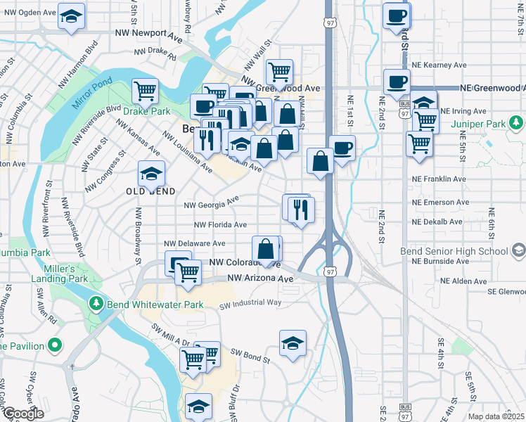 map of restaurants, bars, coffee shops, grocery stores, and more near 336 Northwest Sisemore Street in Bend