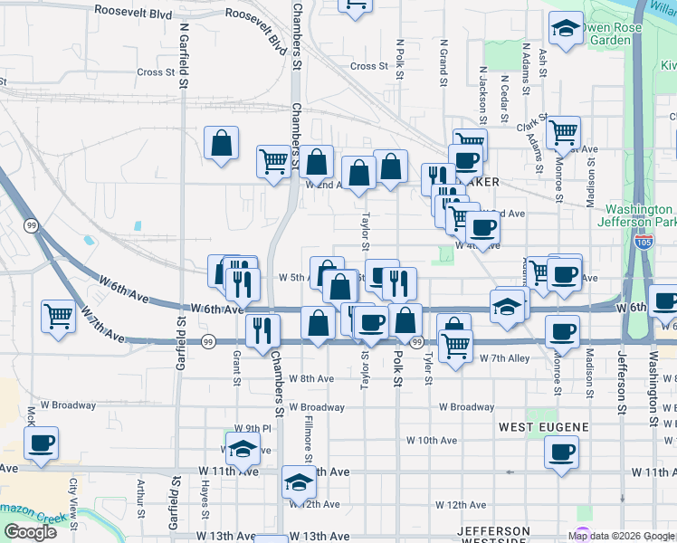 map of restaurants, bars, coffee shops, grocery stores, and more near 439 Almaden Street in Eugene