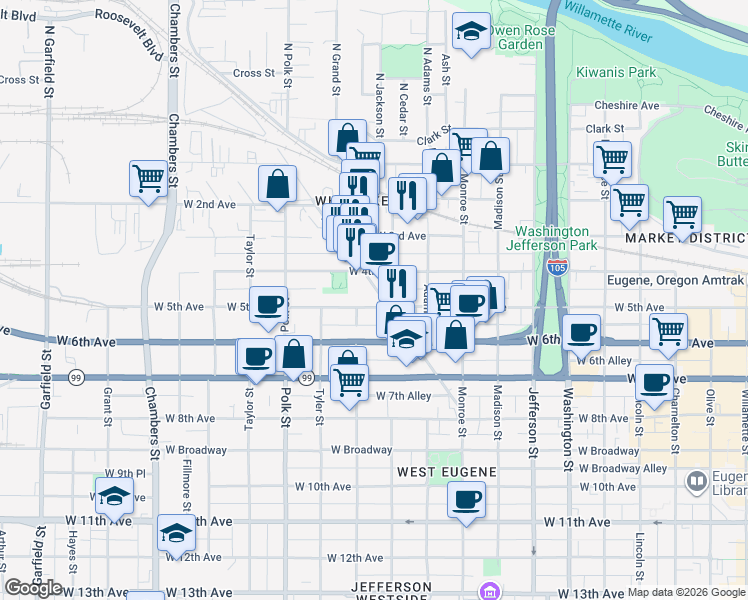 map of restaurants, bars, coffee shops, grocery stores, and more near 488 Blair Boulevard in Eugene