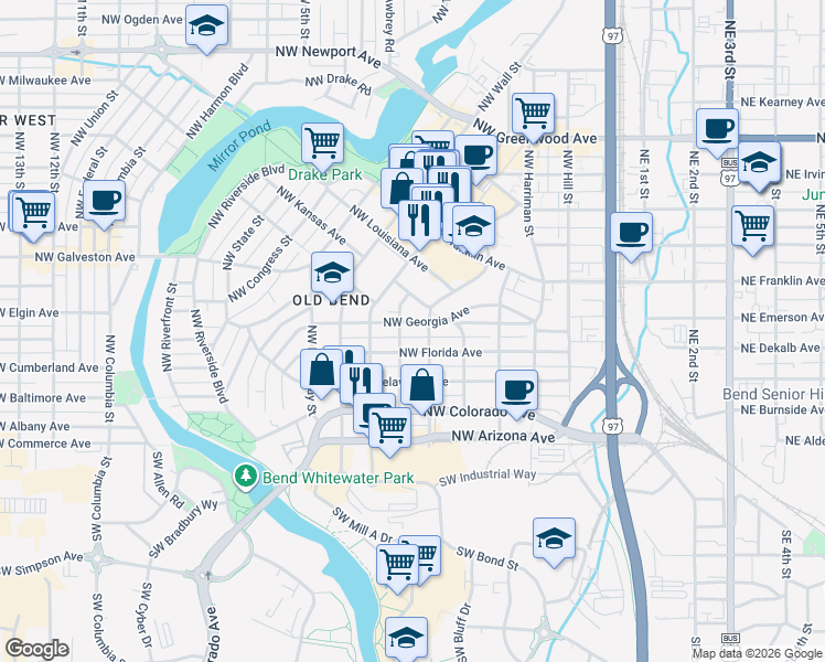 map of restaurants, bars, coffee shops, grocery stores, and more near 529 Northwest Georgia Avenue in Bend