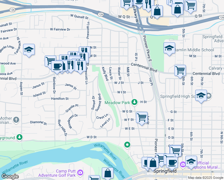 map of restaurants, bars, coffee shops, grocery stores, and more near 1063 Kelly Boulevard in Springfield