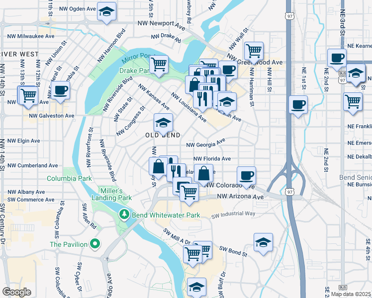 map of restaurants, bars, coffee shops, grocery stores, and more near 627 Northwest Georgia Avenue in Bend