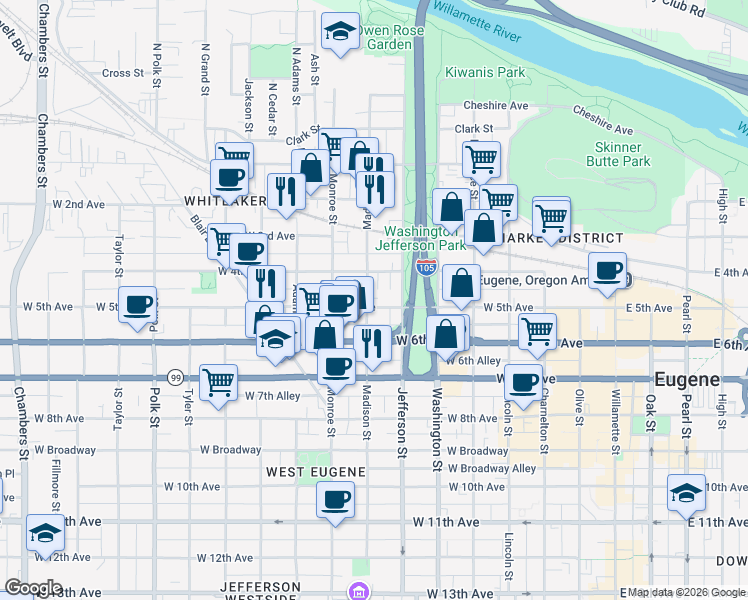 map of restaurants, bars, coffee shops, grocery stores, and more near 487 Madison Street in Eugene