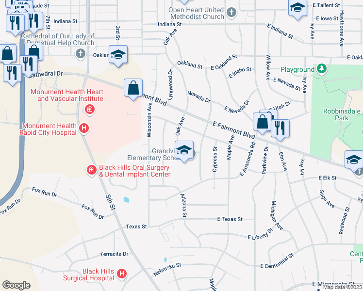 map of restaurants, bars, coffee shops, grocery stores, and more near 3204 Oak Avenue in Rapid City