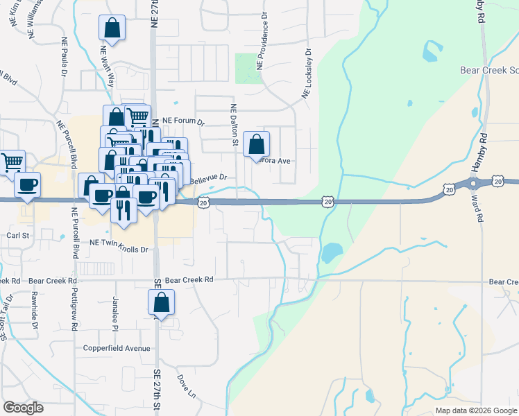 map of restaurants, bars, coffee shops, grocery stores, and more near 21336 Oconnor Way in Bend