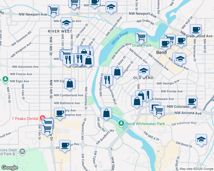 map of restaurants, bars, coffee shops, grocery stores, and more near 360 Northwest Riverside Boulevard in Bend