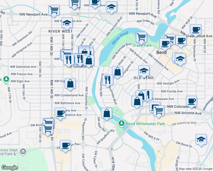 map of restaurants, bars, coffee shops, grocery stores, and more near 360 Northwest Riverside Boulevard in Bend