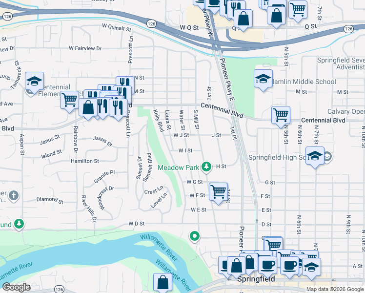 map of restaurants, bars, coffee shops, grocery stores, and more near 1078 Water Street in Springfield