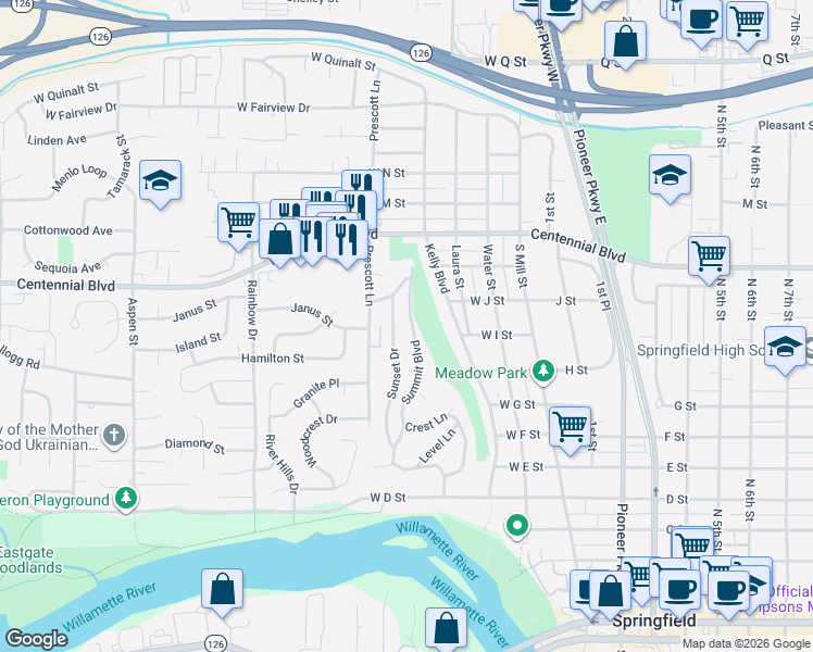 map of restaurants, bars, coffee shops, grocery stores, and more near 972 Summit Boulevard in Springfield