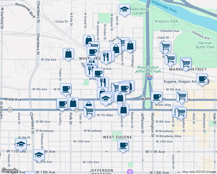 map of restaurants, bars, coffee shops, grocery stores, and more near 442 Adams Street in Eugene