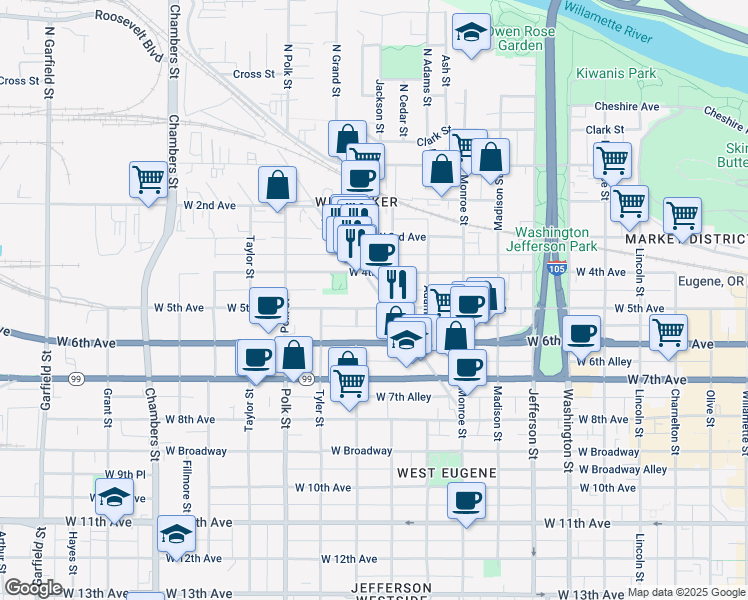 map of restaurants, bars, coffee shops, grocery stores, and more near 1012 West 4th Avenue in Eugene