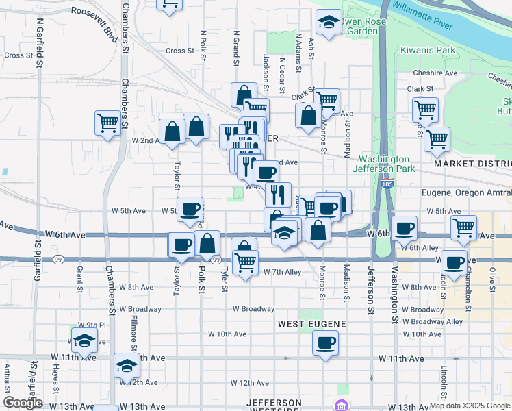 map of restaurants, bars, coffee shops, grocery stores, and more near 1100 West 4th Avenue in Eugene