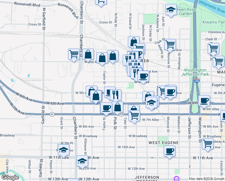 map of restaurants, bars, coffee shops, grocery stores, and more near 439 Polk Street in Eugene