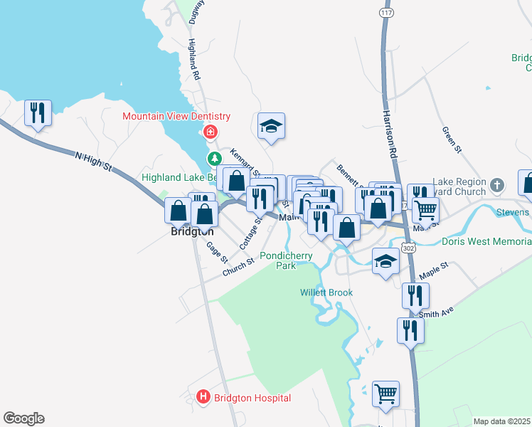 map of restaurants, bars, coffee shops, grocery stores, and more near 34 Main Street in Bridgton