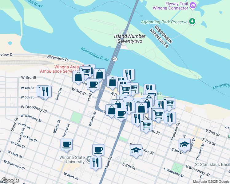 map of restaurants, bars, coffee shops, grocery stores, and more near 10 Washington Street in Winona