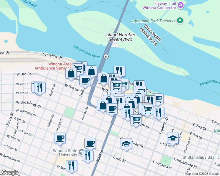 map of restaurants, bars, coffee shops, grocery stores, and more near 10 Washington Street in Winona