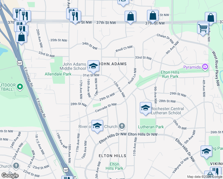 map of restaurants, bars, coffee shops, grocery stores, and more near 1210 30th Street Northwest in Rochester