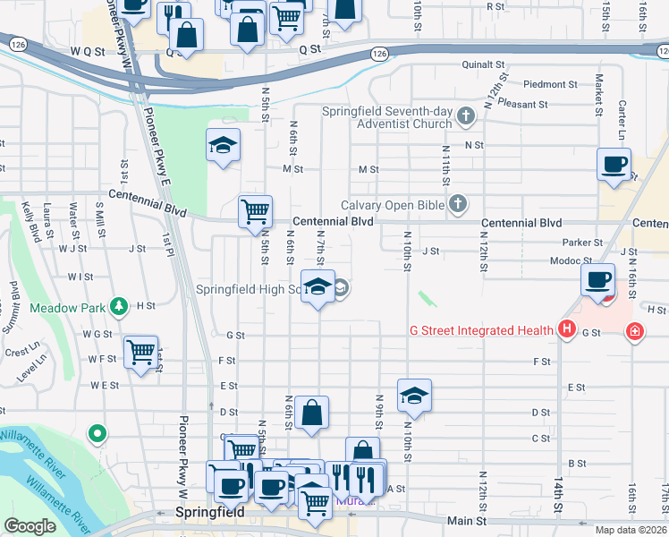 map of restaurants, bars, coffee shops, grocery stores, and more near 704 J Street in Springfield