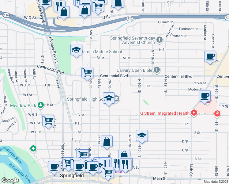 map of restaurants, bars, coffee shops, grocery stores, and more near 704 J Street in Springfield