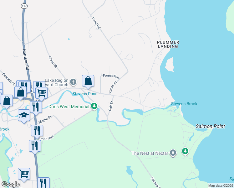 map of restaurants, bars, coffee shops, grocery stores, and more near 11 Cross Street in Bridgton