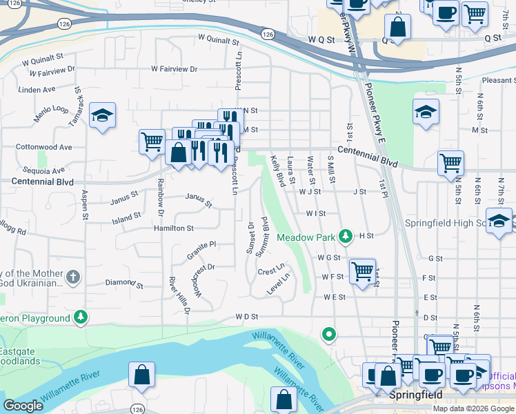 map of restaurants, bars, coffee shops, grocery stores, and more near 972 Summit Boulevard in Springfield