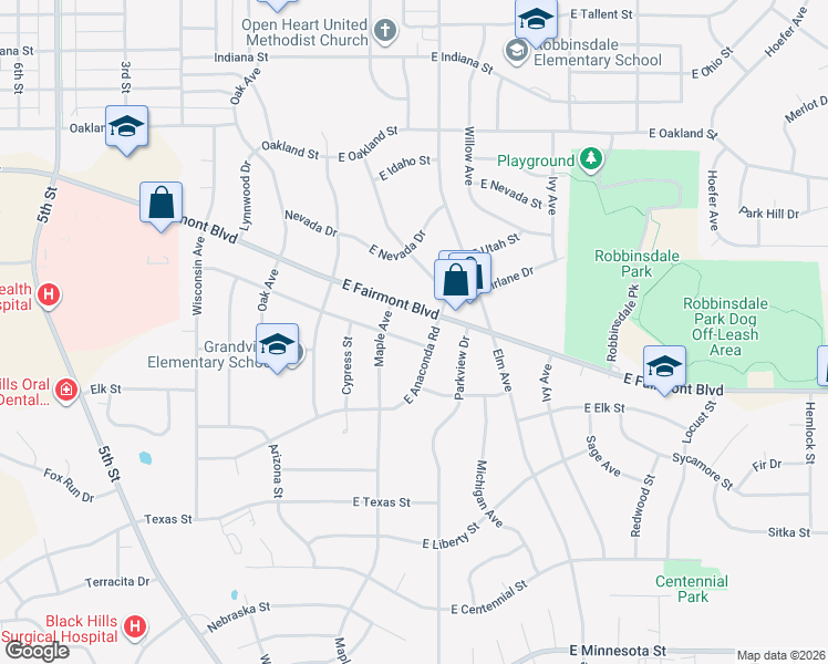 map of restaurants, bars, coffee shops, grocery stores, and more near 218 East Montana Street in Rapid City