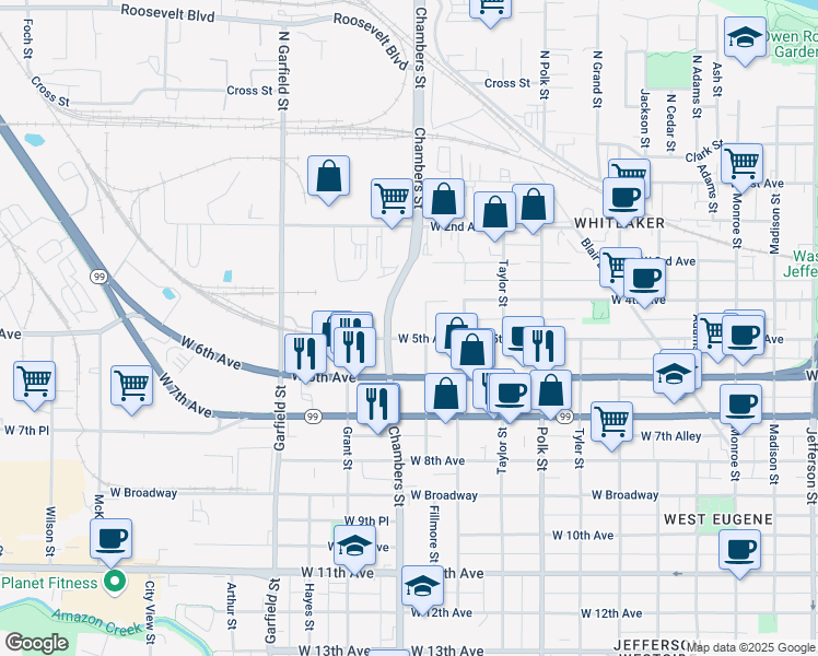 map of restaurants, bars, coffee shops, grocery stores, and more near 1593 West 5th Avenue in Eugene