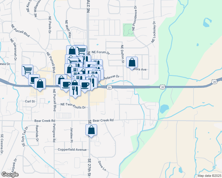 map of restaurants, bars, coffee shops, grocery stores, and more near 495 Northeast Bellevue Drive in Bend