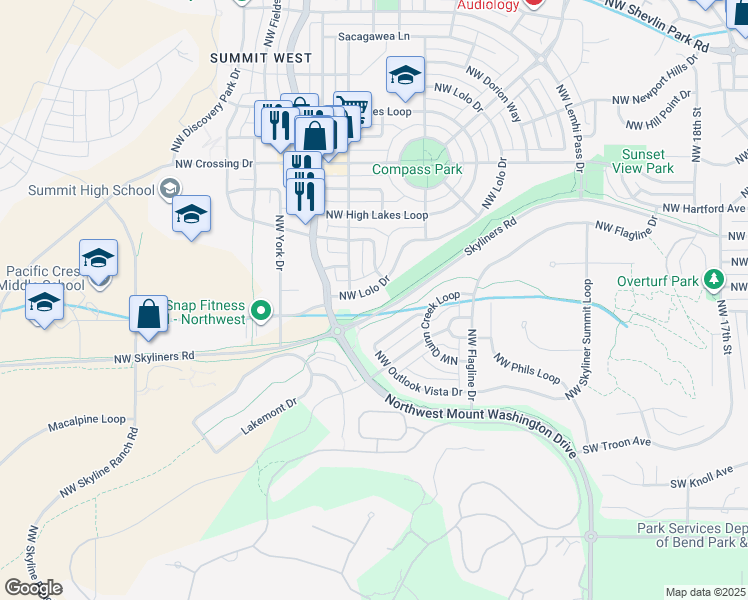 map of restaurants, bars, coffee shops, grocery stores, and more near 2176 Northwest Lolo Drive in Bend