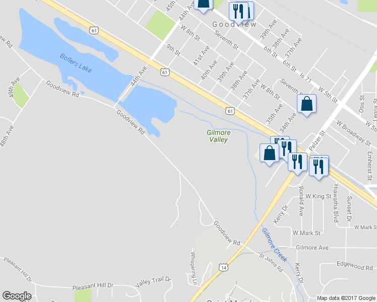 map of restaurants, bars, coffee shops, grocery stores, and more near 2250 Goodview Road in Winona
