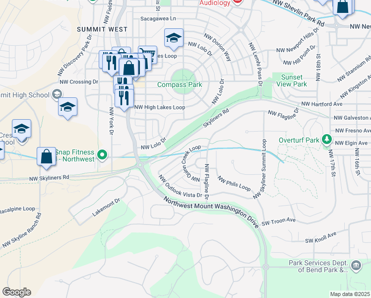 map of restaurants, bars, coffee shops, grocery stores, and more near 2385 Northwest Quinn Creek Loop in Bend