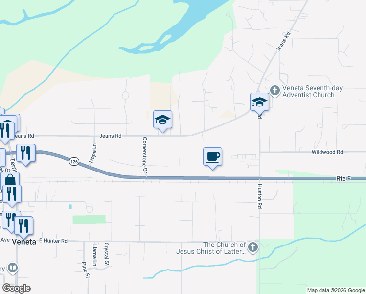 map of restaurants, bars, coffee shops, grocery stores, and more near 25448 Jeans Road in Veneta