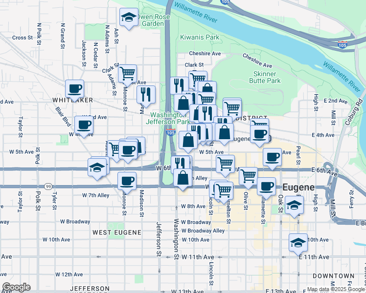 map of restaurants, bars, coffee shops, grocery stores, and more near 475 West 5th Avenue in Eugene