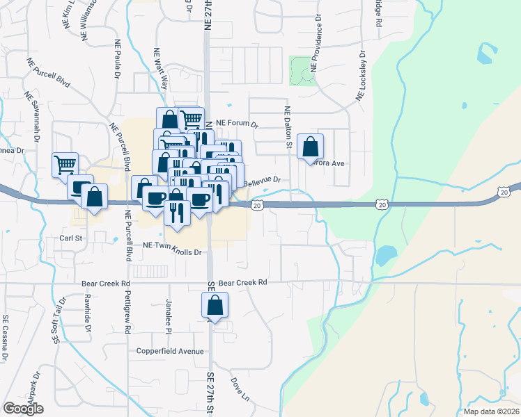 map of restaurants, bars, coffee shops, grocery stores, and more near 495 Northeast Bellevue Drive in Bend