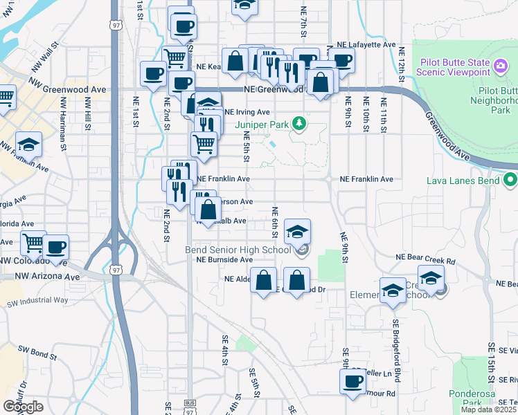 map of restaurants, bars, coffee shops, grocery stores, and more near 509 Northeast 6th Street in Bend