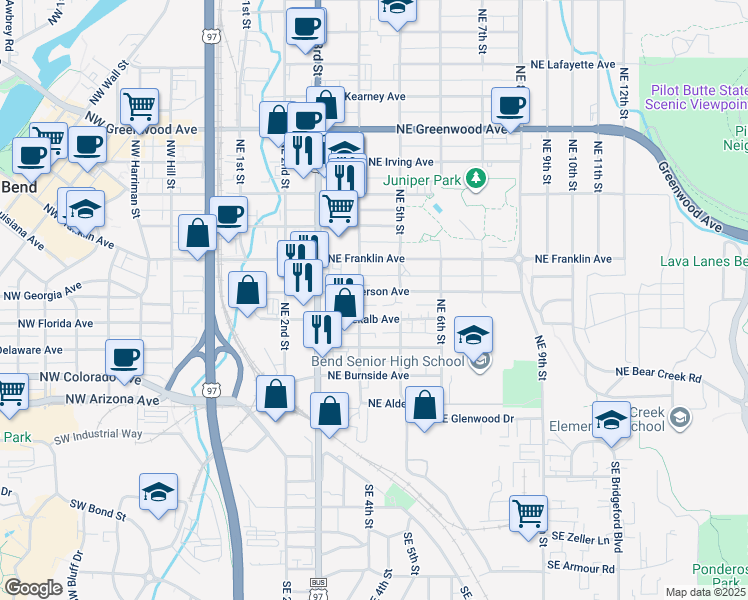 map of restaurants, bars, coffee shops, grocery stores, and more near 413 Northeast Emerson Avenue in Bend