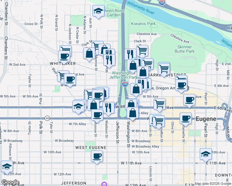 map of restaurants, bars, coffee shops, grocery stores, and more near 616 West 4th Avenue in Eugene